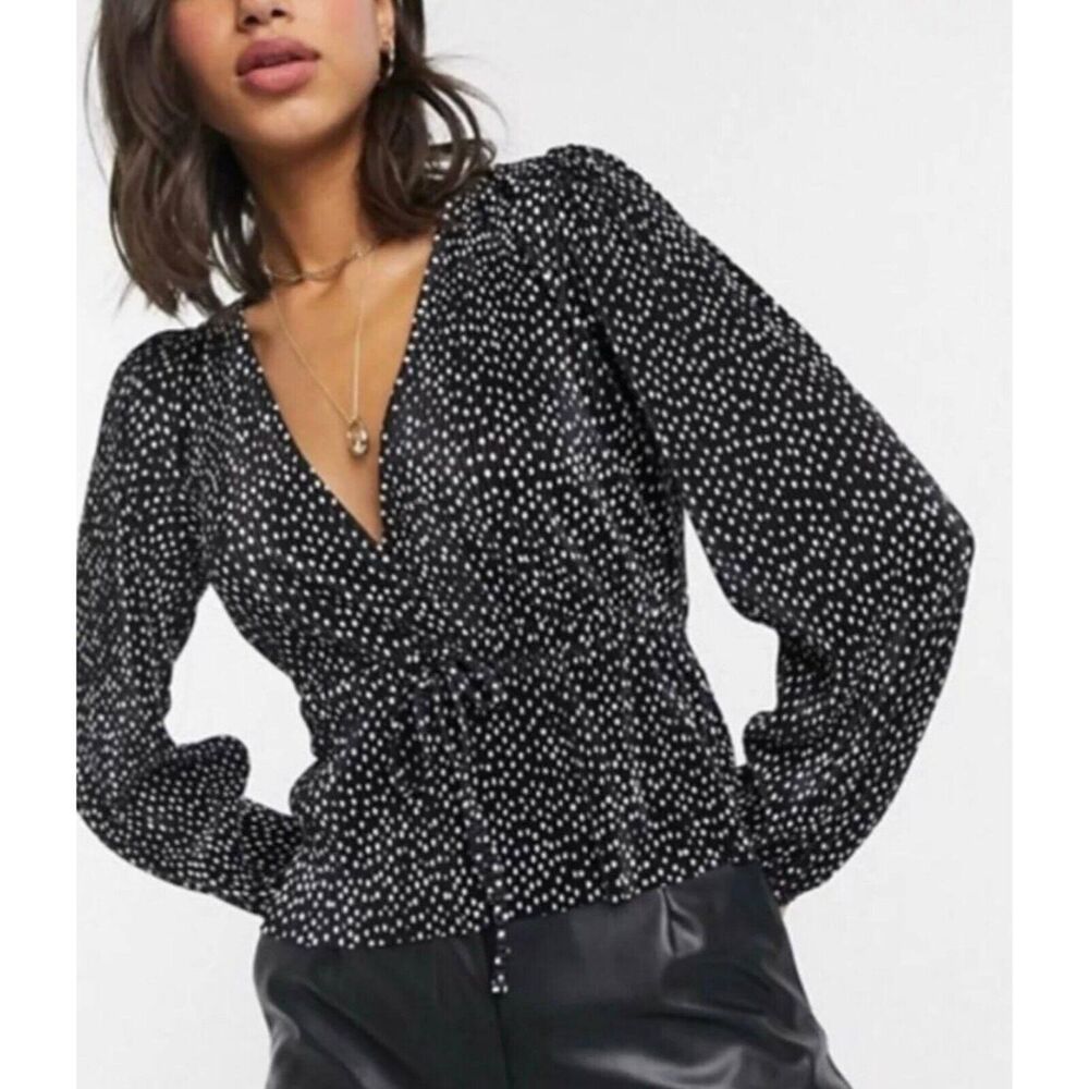 Zara V Neck Polka Dot Balloon Long Sleeve Smocked Blouse Tie Front S Black White